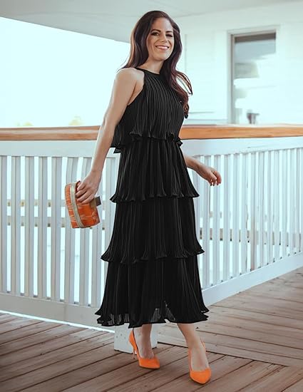 Sleeveless Halter Neck Ruffle Tiered Layed Chiffon Flowy Swing Long Evening Dress